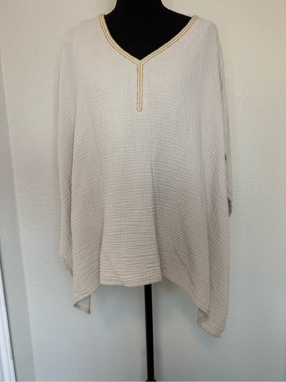 JM Collection Cream V-Neck Lightweight Tunic with Gold Trim